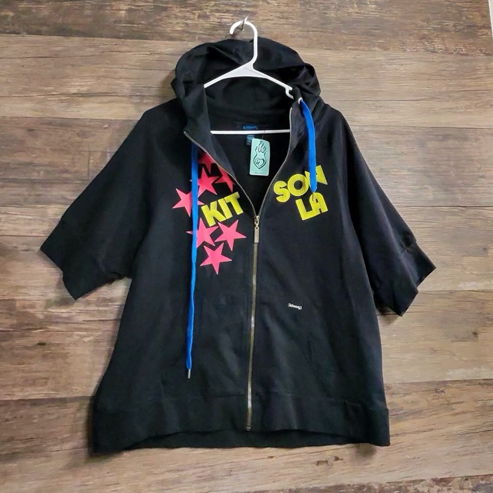 Kitson LA Black Hoodie with Pink Stars and Yellow Text